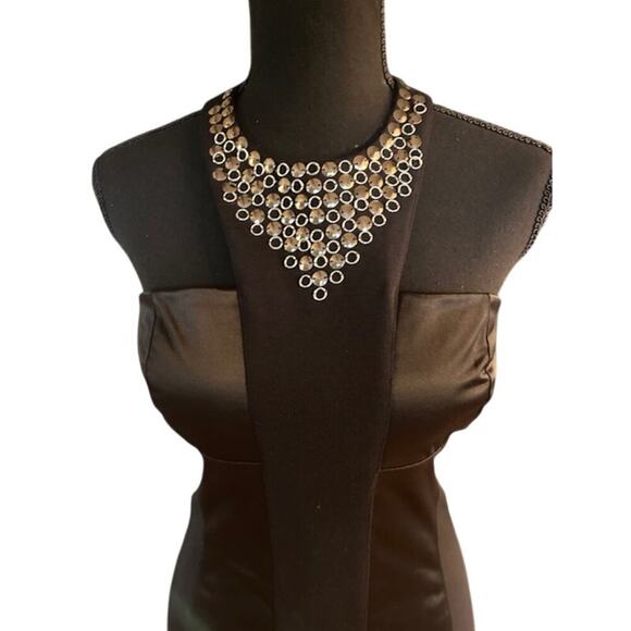 Bebe Black Satin Panel Bodycon Mini Dress with Embellished Halter Neck – Size M - Picture 2 of 7